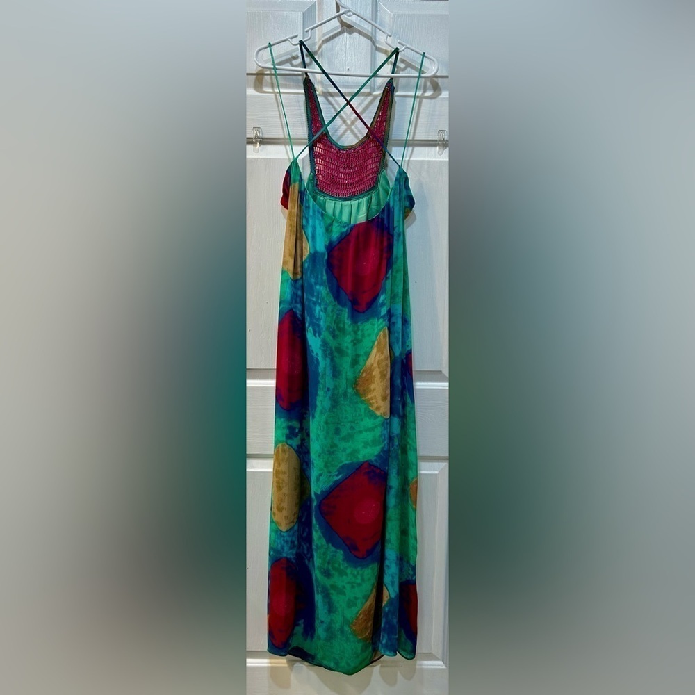 NWT Zara Beaded Halter Maxi Dress Sz M Bold‎ Watercolor Crochet Boho Free Spirit